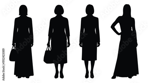 Four silhouetted women standing in a row each with different poses and attire