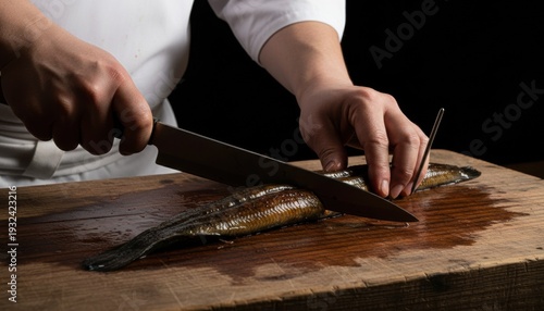Up the hand of a Japanese chef who eats eel/鰻を捌く和食料理人の手元アップ