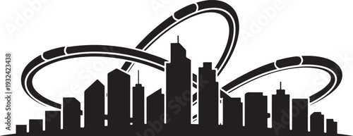 Black silhouette cityscape with abstract loops above modern skyscrapers