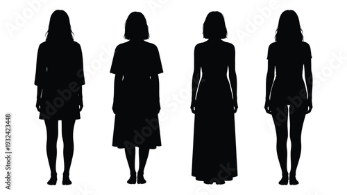 Four female silhouettes showcase varying dress styles and body shapes against a white background