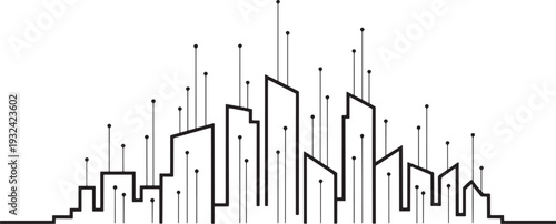 Futuristic city skyline represented with minimalist lines and dots on transparent background