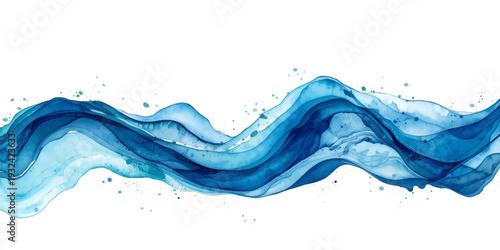 A clean, transparent blue water wave creates a fresh liquid splash with ripples and bubbles isolated on a white background, capturing clear flowing motion in an abstract, cold drop of nature