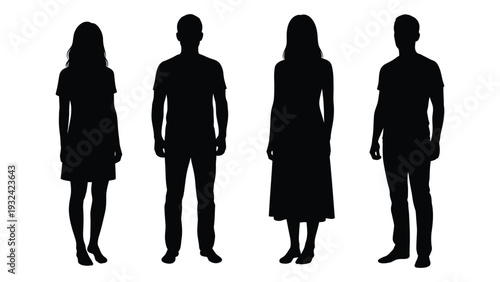 Four figures stand silhouetted against a plain white background depicting people