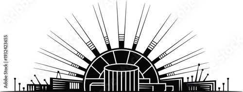 Futuristic industrial complex skyline with solar rays and radial sunburst vector illustration