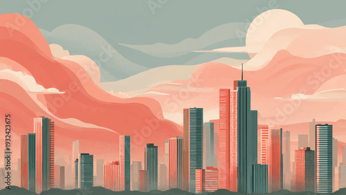 graphic vector city skyline at sunset pink pastel background, wall art