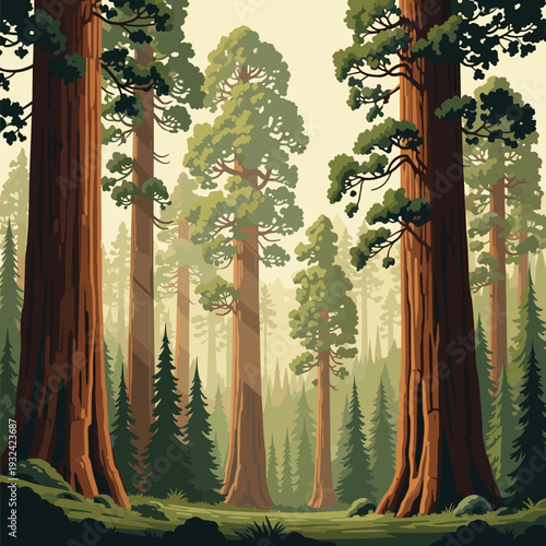 Sunbeams Shining Through Tall Sequoia Trees in a Deep Forest