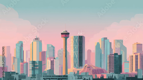 graphic vector city skyline at sunset pink pastel background, wall art
