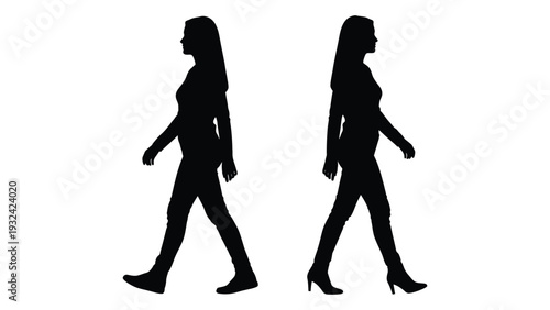 Two silhouettes of women walking facing opposite directions on a white background