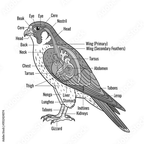 Anatomy Diagram of a Falcon Bird with Detailed Labels