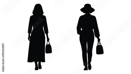 Two women walking each carrying a shopping bag depicted as black silhouettes