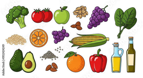 Collection of fresh and healthy fruits and vegetables for a balanced diet.