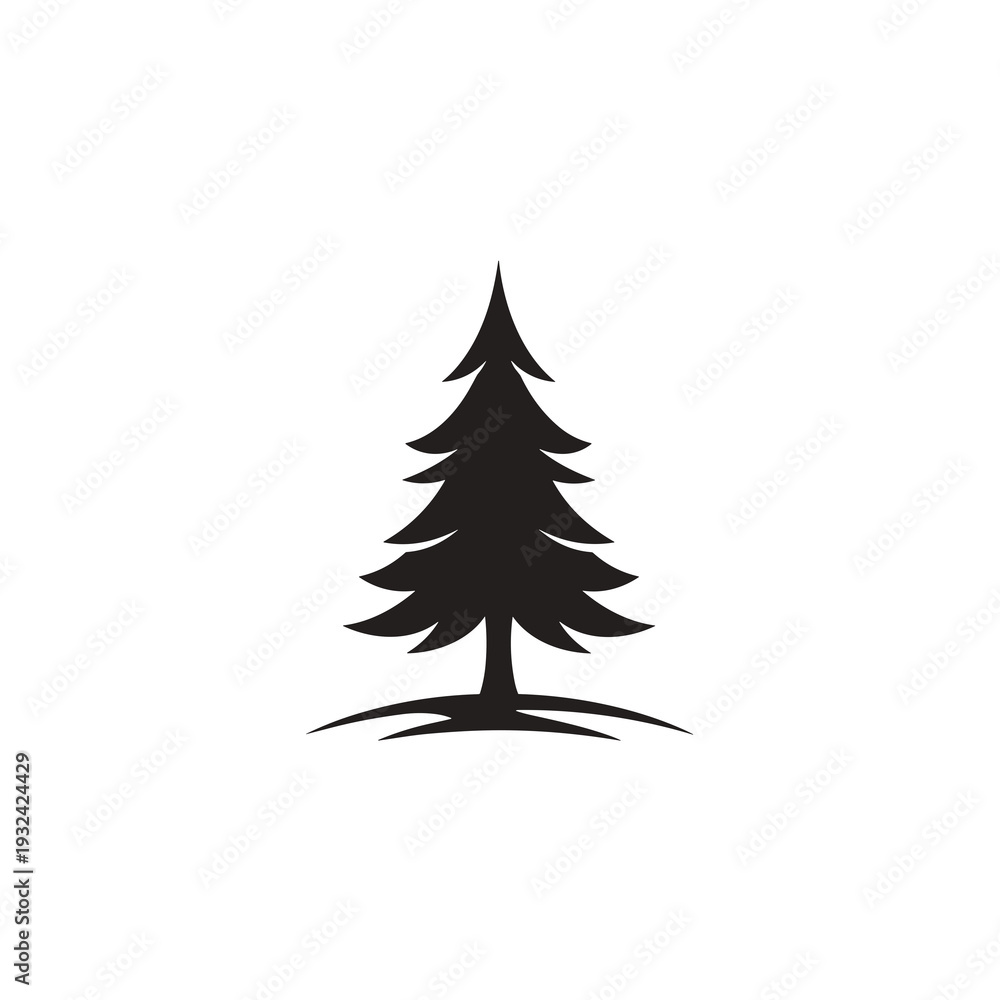 Obraz premium Black Silhouette of a Symmetrical Pine Tree with Curved Branches