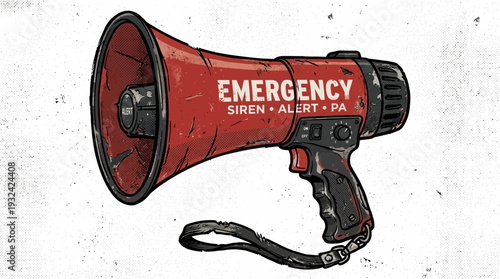 Vintage megaphone with "EMERGENCY" text