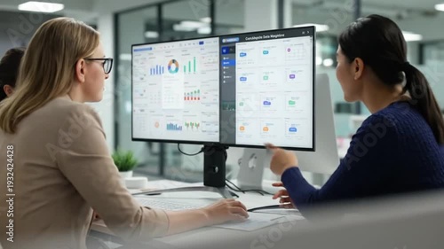 Two professional women collaborating on data analysis, reviewing charts and graphs on a large monitor in a modern office environment, discussing strategic insights for business growth and performance