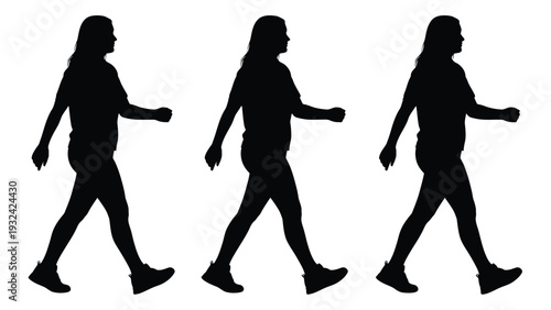 Three silhouettes of a woman walking depicting different stages of a step