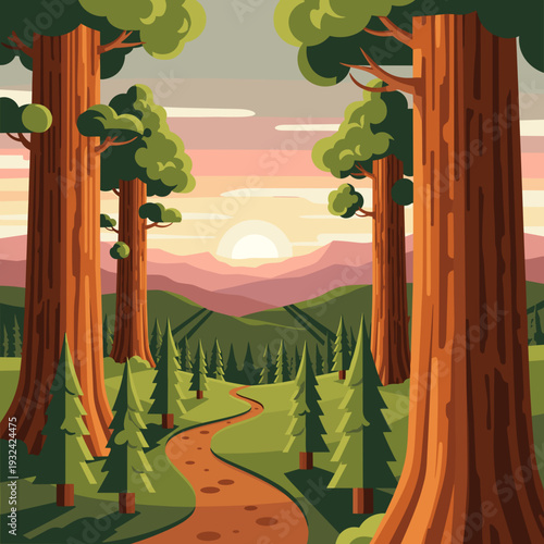 Bright Sunset Scene in Sequoia Forest with Winding Path