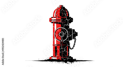 Cracked Red and Black Fire Hydrant, Isolated on White Background