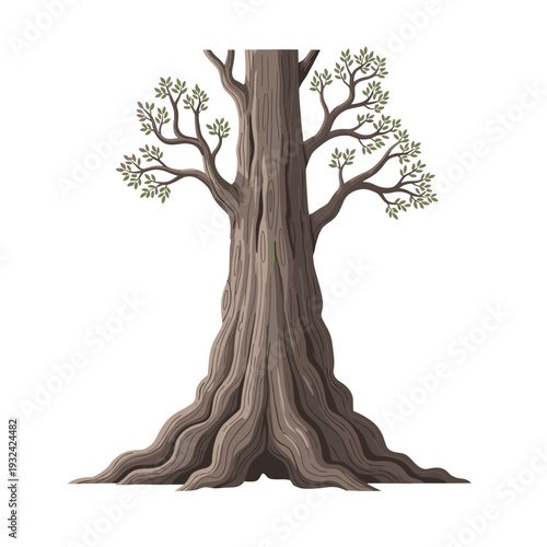 Detailed Sketch of an Ancient Oak Tree with Massive Roots