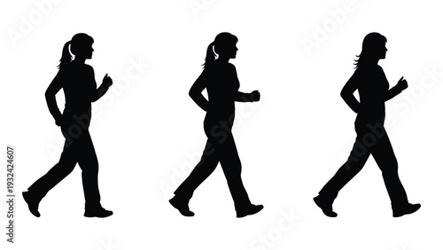 Silhouette of a woman walking in three different poses showcasing movement