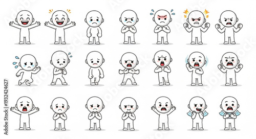 Collection of various sketched human figures expressing different emotions and feelings.