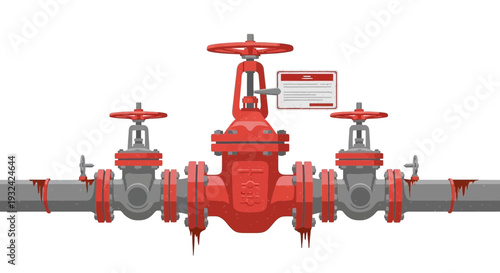 Industrial pipeline with red valves and warning sign