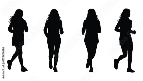 Four silhouettes of women walking in different poses against a white background