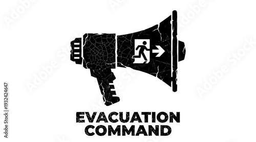 Megaphone with evacuation command and exit sign