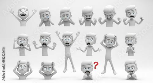 Various expressions of human emotions displayed by cartoon characters in a row.