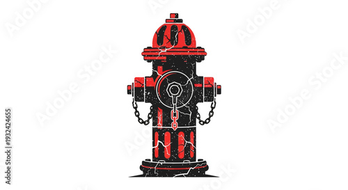 Red and black fire hydrant with grunge texture on white background