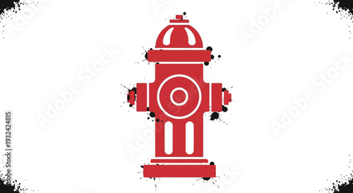 Red fire hydrant with black ink splatters against white background