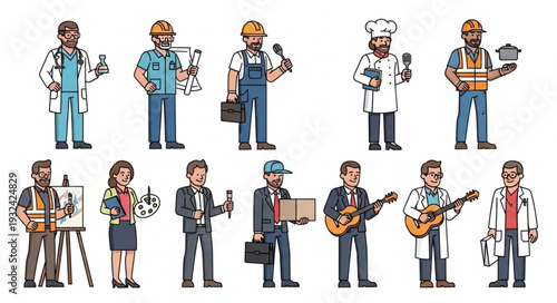 Diverse collection of pixelated illustrations depicting various professions and occupations in a row.