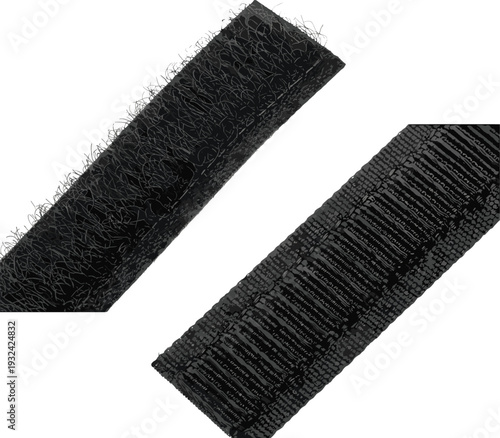 Black hook and loop fastener strips set, adhesive Velcro tape pieces isolated on white background vector illustration