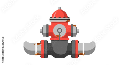 Red fire hydrant with pipes and water flow illustration