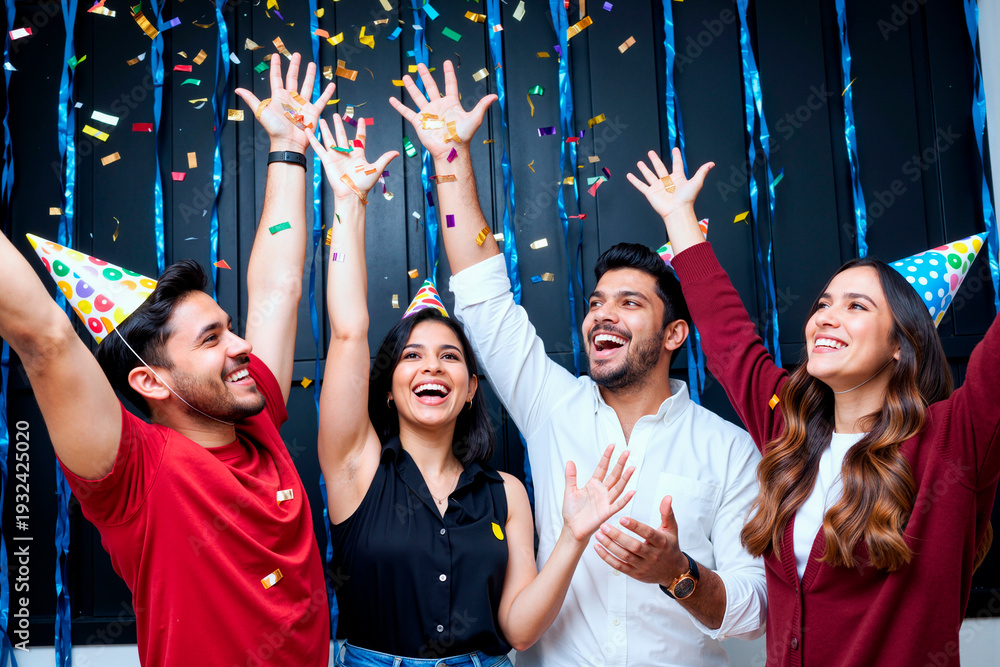 Fototapeta premium Group of young adult multiethnic friends celebrating together wearing party hats, raising hands and smiling while confetti falling, standing close and looking upward with excitement