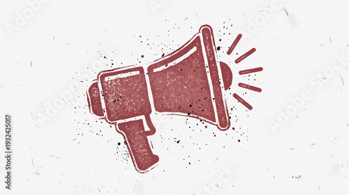 Retro megaphone announcement, grunge texture, red on white background