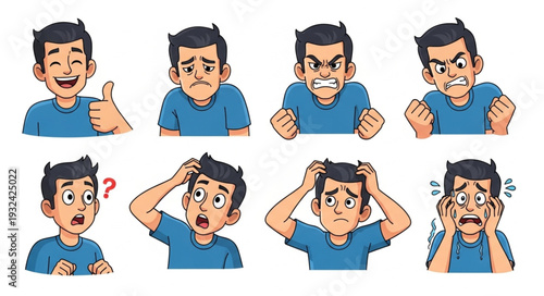 Diverse emotional expressions of a young man in various poses and gestures.