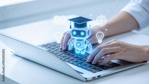 Cute AI robot assistant with graduation cap on laptop keyboard,online education technology,smart learning innovation,artificial intelligence tutor concept
