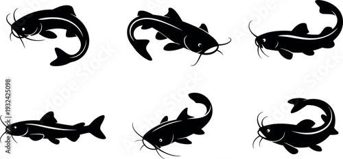 Catfish silhouette collection featuring freshwater fish with whiskers in multiple swimming poses, aquatic animal vector icons set isolated on white background