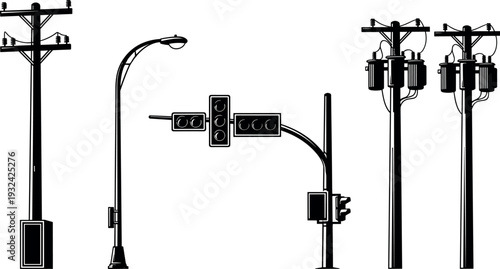 Utility poles, street light and traffic signal silhouettes vector set, urban infrastructure and electricity distribution elements isolated on white background for city planning and 