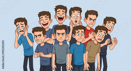Diverse expressions of a group of cartoon men, showcasing various emotions.