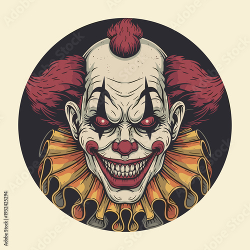 Circular Badge with Scary Evil Clown Head Illustration