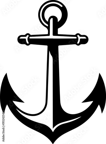 A heavy vintage iron anchor with a nautical rope is isolated on a white background as a metallic navy symbol and vector illustration for marine ship equipment