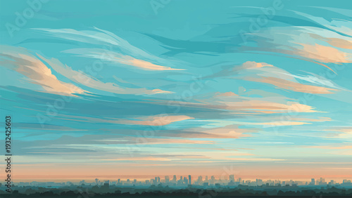 graphic vector city skyline at sunset pink pastel background, wall art