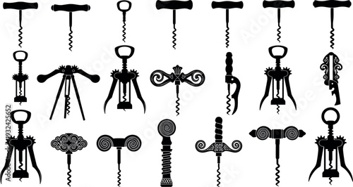 Wine corkscrew silhouette collection featuring vintage and modern bottle opener designs, sommelier cork remover tools vector icon set isolated on white background