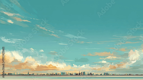 graphic vector city skyline at sunset pink pastel background, wall art