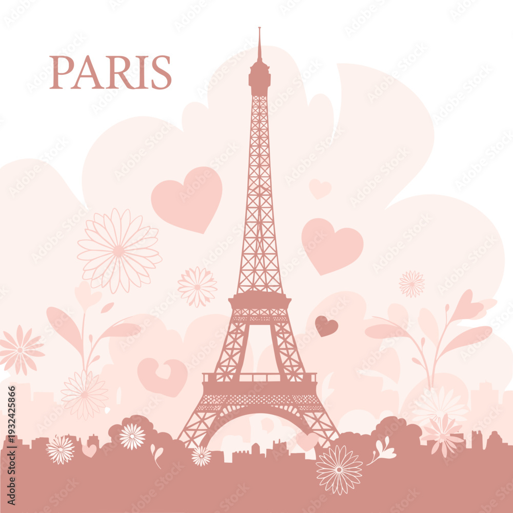 Fototapeta premium Romantic Pink Eiffel Tower Illustration with Floral Background