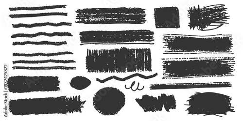 Set of grunge brush strokes and black ink texture elements featuring paint splatters and dirty spray stains for vector frame design and artistic border silhouettes