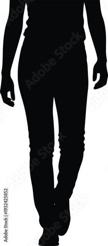 Walking woman silhouette front view, female casual stride pose, black isolated vector illustration on white background