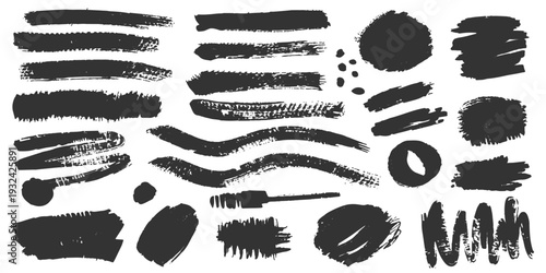Black grunge ink splashes and hand prints vector illustration set featuring hand drawn paint brush strokes and charcoal pencil sketch elements on a textured art frame