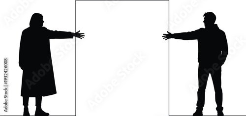 Two people social distancing silhouette, maintaining safe space gesture, black isolated vector illustration on white background